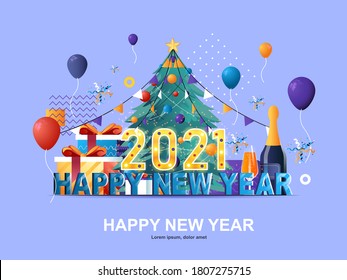 Happy New Year 2021 flat concept with gradients. Winter season holiday web template. Happy New Year greeting card with christmas tree, air balloons and gifts 3d composition, vector illustration.