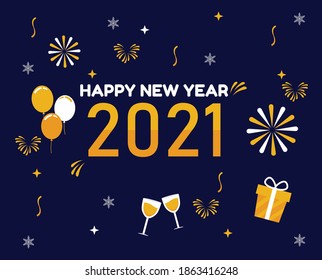 Happy New Year 2021 flat text design with fireworks