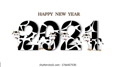 HAPPY NEW YEAR and 2021 font with cow skin pattern on white  background, Creative cute paper cut art design for Greeting card in Year of ox for flyers, posters, banners and calendar 