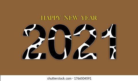 HAPPY NEW YEAR and 2021 font with cow skin pattern on brown background, Creative cute paper cut art design for Greeting card in Year of ox for flyers, posters, banners and calendar 