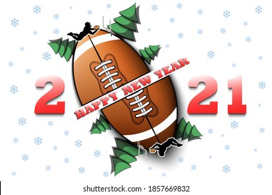 Happy new year 2021 and football ball with Christmas trees on an isolated background. Rugby player. Design pattern for greeting card. Vector illustration