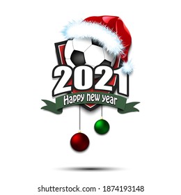 Happy new year 2021. Football logo template design. Soccer ball in santa hat. Pattern for banner, poster, greeting card, party invitation. Vector illustration