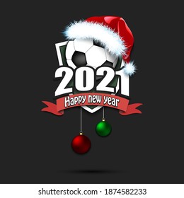 Happy new year 2021. Football logo template design. Soccer ball in santa hat. Pattern for banner, poster, greeting card, party invitation. Vector illustration