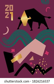 Happy new year 2021. Funny sketch silhouette bull. Sketch ox, cow. Template poster, card, invitation for party with year 2021 Lunar horoscope sign.