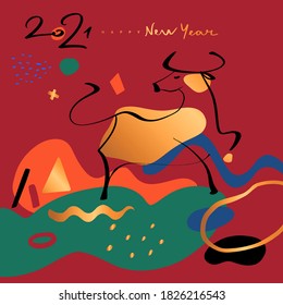 Happy new year 2021. Funny sketch silhouette bull. Sketch ox, cow. Template poster, card, invitation for party with year 2021 Lunar horoscope sign.