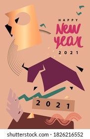 Happy new year 2021. Funny sketch silhouette bull. Sketch ox, cow. Template poster, card, invitation for party with year 2021 Lunar horoscope sign.