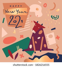 Happy new year 2021. Funny sketch silhouette bull. Sketch ox, cow. Template poster, card, invitation for party with year 2021 Lunar horoscope sign.