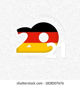 Frohes Neujahr 2021 für Deutschland auf Schneeflocken-Hintergrund. Gruß Deutschland mit dem neuen Jahr 2021.