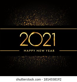 Happy New Year 2021 with glitter isolated on black background, text design gold colored, vector elements for calendar and greeting card.