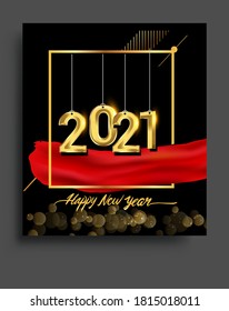 Happy New Year 2021 with glitter isolated on black background, text design gold colored, vector elements for calendar and greeting card.