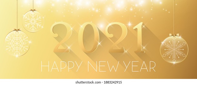 Happy New Year 2021 glitter golden background with Christmas glass ball vector illustration