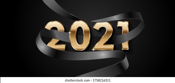 Happy New Year 2021. Gold 3D numbers with dark ribbons on a black background. Elegant brochure, postcard, background, cover.