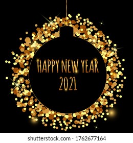 Happy New Year 2021 gold shiny color. Decorative element from the design of a golden ball on a golden texture. Vector illustration. Black background.