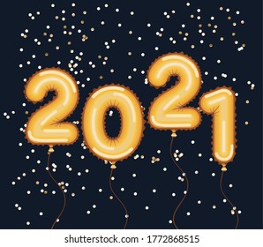 Happy new year 2021 gold balloons with confetti design, Welcome celebrate greeting card happy decorative and celebration theme Vector illustration