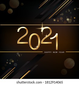 Alles Gute zum Neujahr 2021: Goldener Text in isolierten Zahlen und Gold. Kreativ. Schwarzer Hintergrund. Sterne. Futuristische Designer-Kreise und -Streifen.Elemente für Kalender- und Grußkarten