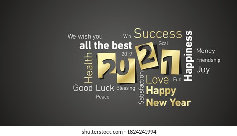 Happy New Year 2021 gold white black vector negative space word cloud text