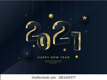 Happy New Year 2021 gold numbers typography greeting card design on dark background. Merry Christmas invitation poster with golden decoration elements.