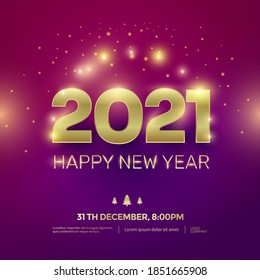 Happy New Year 2021 gold numbers typography greeting card with glow effect. Vector illustration.