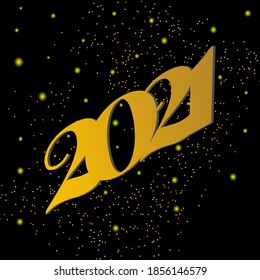 Happy new year 2021 with gold text effect and glitter dots on black background. Vector illustration