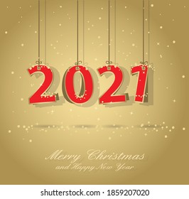 Happy New Year 2021 Gold And Red Greeting Card, All Elements Are In Separate Layers And Grouped, EPS 10.