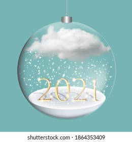 Happy New Year 2021. Gold metal number in a glass bauble with snow and cloud, Christmas decorations. Celebrating Party 2021. Christmas poster, banner, cover, brochure, flyer, layout design.