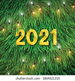 Happy New Year 2021 gold text on Christmas tree background, vector illustration