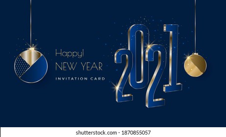 Happy New Year 2021 gold numbers typography greeting card design on blue background. Merry Christmas invitation poster with golden decoration elements.