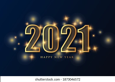 Happy New Year 2021 With Gold Color And Navy Blue Background. Elegant Greeting Card With Shining Stars.