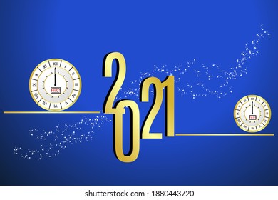 Happy New Year 2021 gold numbers typography greeting card design on blue dark background. Merry Christmas invitation poster with golden decoration elements