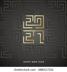 Happy New Year 2021 gold white cyberspace high tech year 2021 typography greek mystic ornament abstract pattern black background