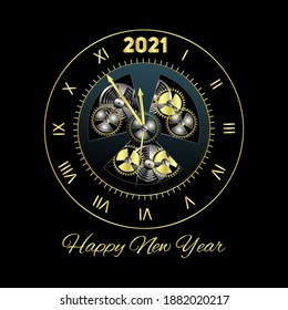 Happy New Year 2021 gold numbers typography greeting card design on dark background. Merry Christmas invitation poster with golden decoration elements.