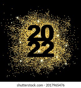 Happy New Year 2021. Gold dust in numbers. Bright sparkles. Simple greetings template. 2021 logo text design. Brochure card, banner with wishes. Vector illustration. Isolated on black background.