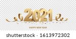 Happy New Year 2021. Golden 3D numbers with ribbons and confetti , isolated on transparent background.
