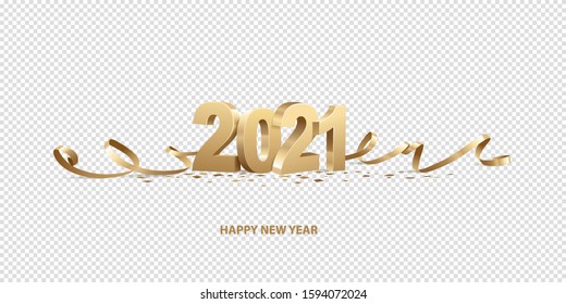 Happy New Year 2021. Golden 3D numbers with ribbons and confetti , isolated on transparent background.