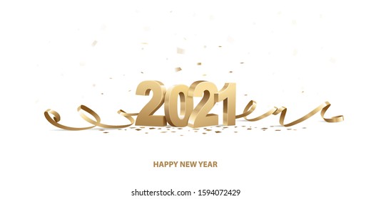 Happy New Year 2021. Golden 3D numbers with ribbons and confetti on a white background.
