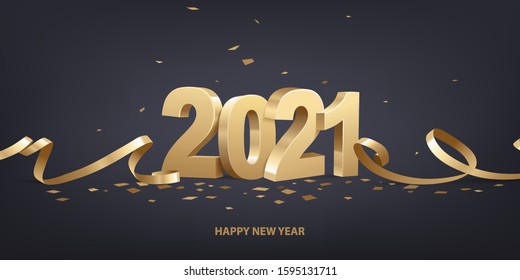 Happy New Year 2021. Golden 3D numbers with ribbons and confetti on a black background.