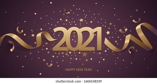 Happy New Year 2021. Golden numbers with ribbons and confetti on a dark purple background.