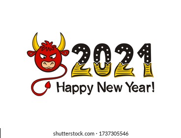 Happy new year 2021. Golden Lettering of hand-drawn numbers and red bull on a white background. 2021 calendar heading. Vector illustration for the design of New Year cards and posters.