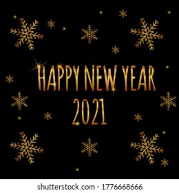 Happy new year 2021 in golden colors. With snowflakes. Black background with sparks. Vector illustration.