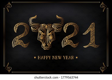Happy New Year 2021 with golden bull face on black background. Vector illustration.