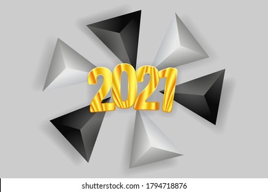 Happy New Year 2021. Golden numbers 2021 and 3D pyramids. EPS10
