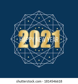 Happy New Year 2021. Golden number with white sphere geometric frame on blue background. Template for New Year design. Vector illustration