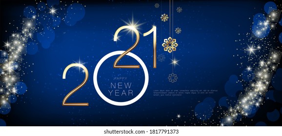 Frohes neues Jahr 2021. Goldene glänzende Designzahlen und Schneeflocken, isolierter weißer Text. Kreativ dunkelblauer Hintergrund. Sterne und Kreise. Futuristisches Design.Elemente für Kalender- und Grußkarten