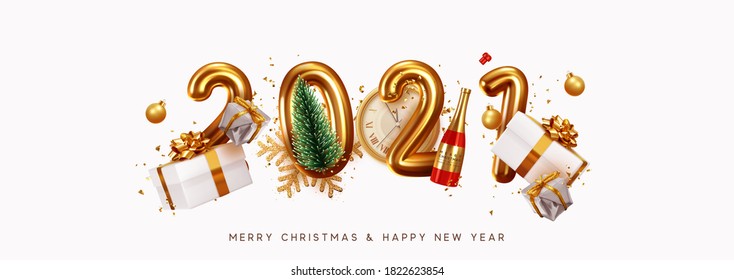 Happy New Year 2021. Golden metal number. Realistic 3d render sign. Festive realistic decoration.  Web Poster, banner, cover card, brochure, flyer, layout. White background. Easy to edit for 2022