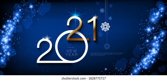 Happy new year 2021. Golden shiny and white numbers design, isolated white text. Creative blue blurred background. Stars and circles. Futuristic design.Elements for calendar and greeting cards, poster