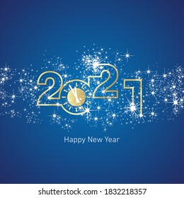 Happy New Year 2021 golden clock countdown line design with sparkle firework blue vector logo icon