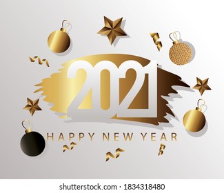 happy new year 2021 golden lettering and balls with stars vector illustration design