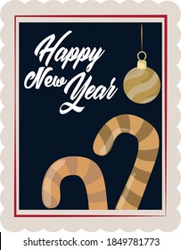 happy new year 2021, golden ball and candy canes decoration, postage stamp icon vector illustration