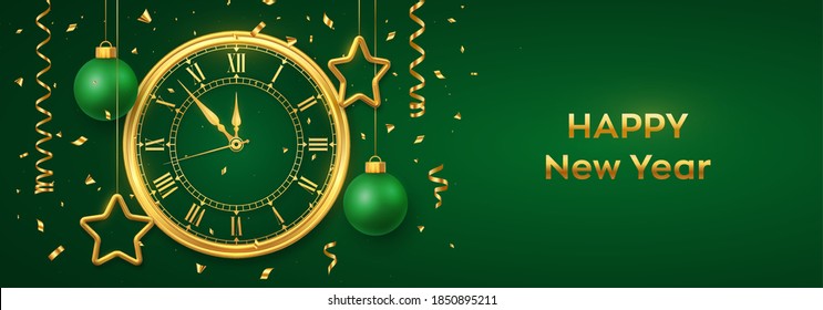 Happy New Year 2021. Golden shiny watch with Roman numeral and countdown midnight, eve for New Year. Background with shining gold stars and balls. Merry Christmas. Xmas holiday. Vector illustration.