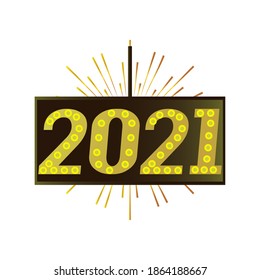 happy new year 2021 golden lights bulb bright fireworks on white background vector illustration